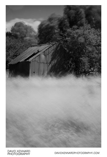 Old corrugated steel shack in a hay field