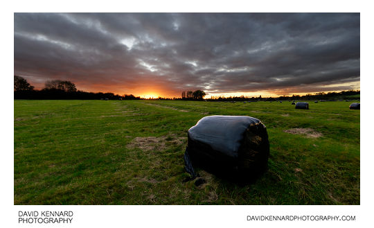 Sunset and black plastic wrapped haybale