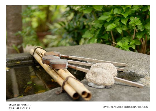 Temizu basin and water ladles at Namba Yasaka Jinja