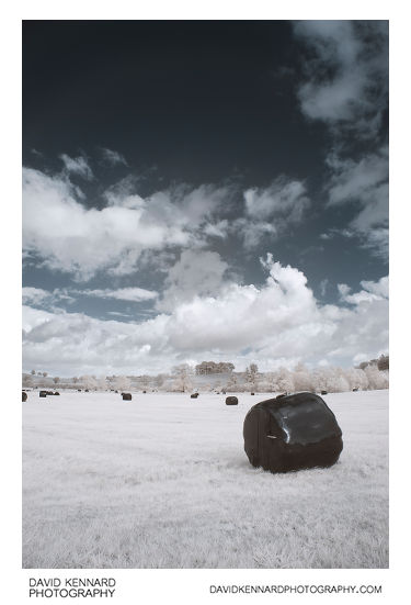 Black plastic wrapped haybales in infrared