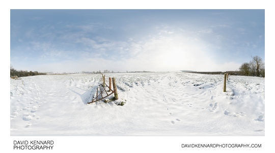 Gate between snow covered fields, East Farndon