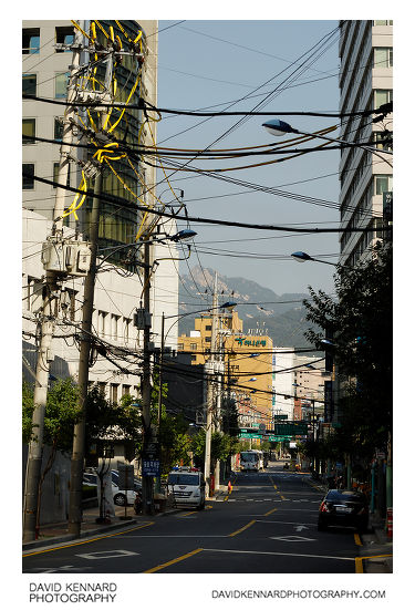 Wires overhanging a street in Seoul, South Korea