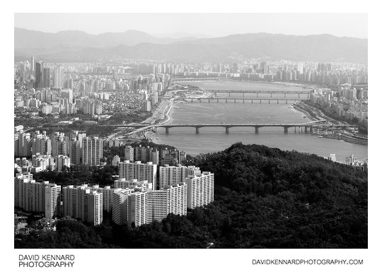 Towerblocks and bridges over the river Han from the N Seoul Tower