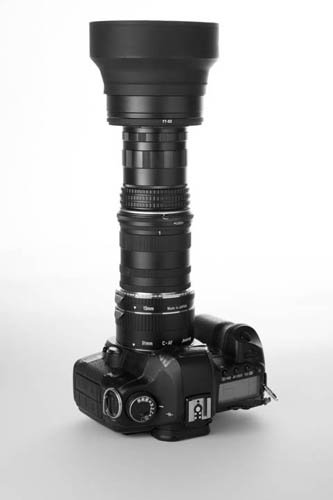 Camera with extension tubes and +4 diopter lens mounted