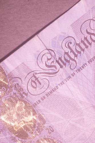 Reflected UV photo of a British £20 bank note lit using full spectrum Vivitar 283 flash with protective front plastic piece in place