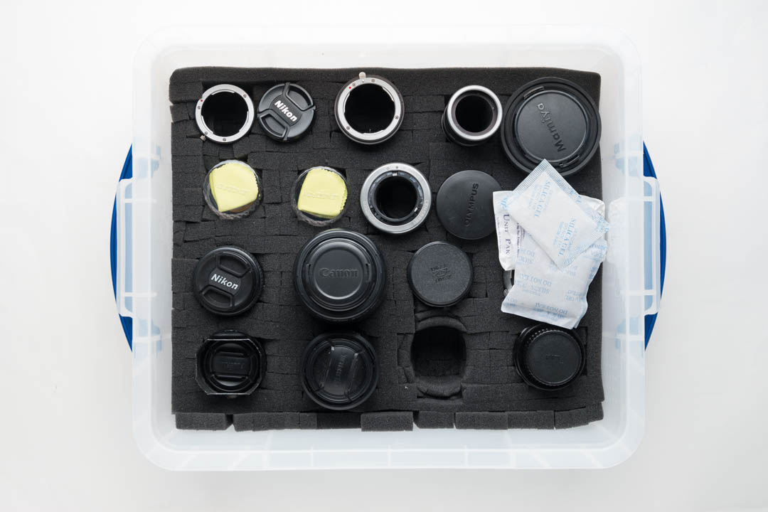 Lenses stored in a Really Useful Boxes 18l box lined with pick 'n' pluck foam