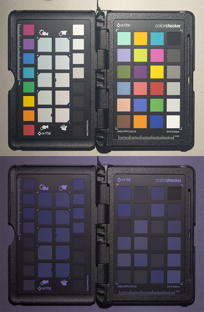 Comparison of a color checker in visible light (top) and ultraviolet (bottom). The ultraviolet image mainly just looks purple.