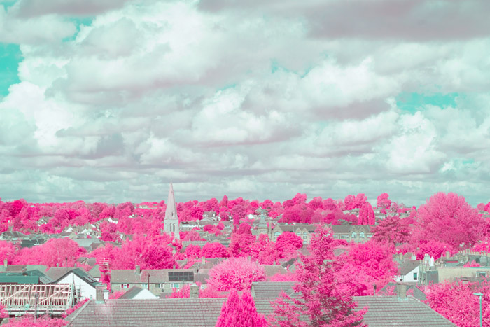 Infrared photograph taken using an Orange + GRB3 1.5mm thick filter with a +109° Hue shift applied