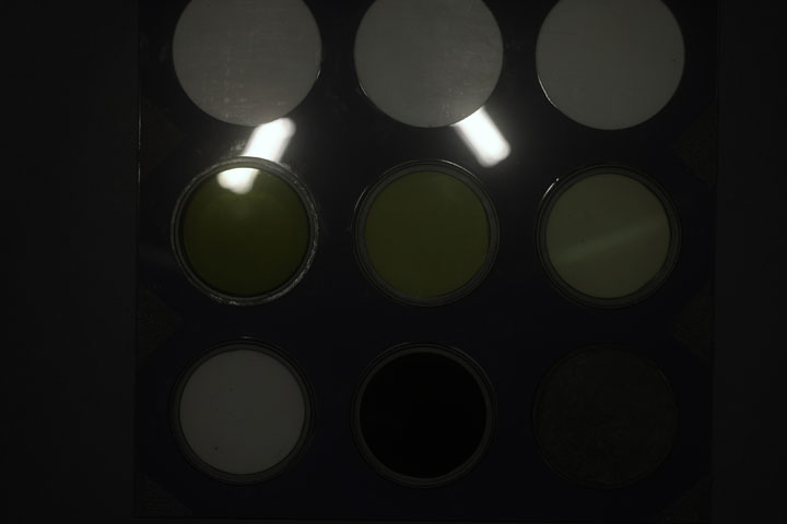 Ultraviolet photo of UV Colour Checker lit by modified Canon MT-24EX Macro Twin Flash positioned at end of lens