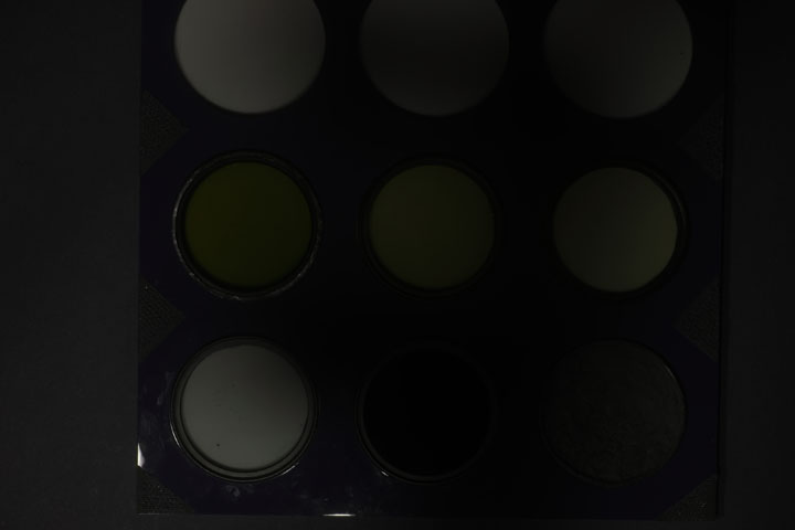 Ultraviolet photo of UV Colour Checker lit by modified Canon MT-24EX Macro Twin Flash positioned off-camera