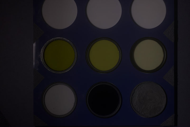 Ultraviolet photo of UV Colour Checker lit by Pika 200 Pro flash with modified standard head at ISO 100