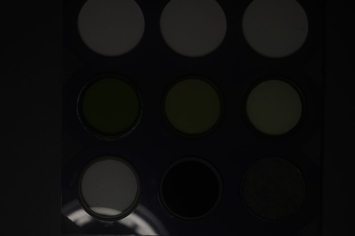 Ultraviolet photo of UV Colour Checker lit by modified Godox R200 ring flash positioned off-camera