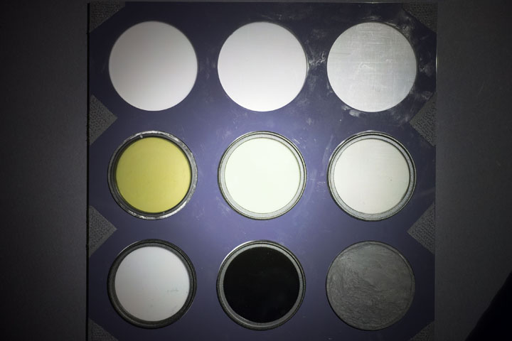 Ultraviolet photo of UV colour checker, white balanced, lit by AloneFire SV108 flashlight