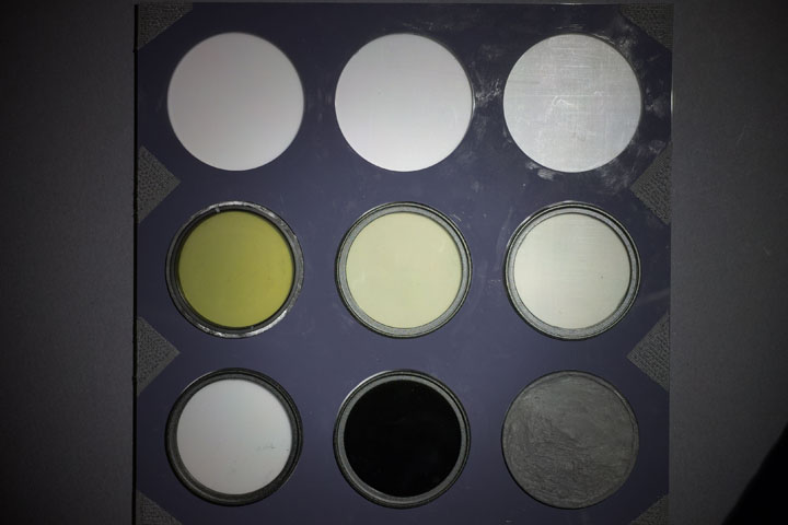 Ultraviolet photo of UV colour checker, white balanced, lit by AloneFire SV62 365nm flashlight