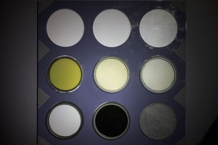 Ultraviolet photo of UV colour checker, white balanced, lit by Convoy S2+ flashlight