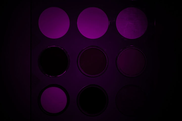 Ultraviolet photo of UV colour checker, not white balanced, lit by old cheap UV flashlight