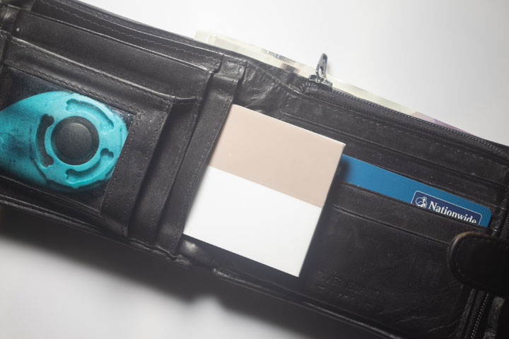 3mm thick PTFE with strip of grey PTFE tape cut to credit card size in wallet