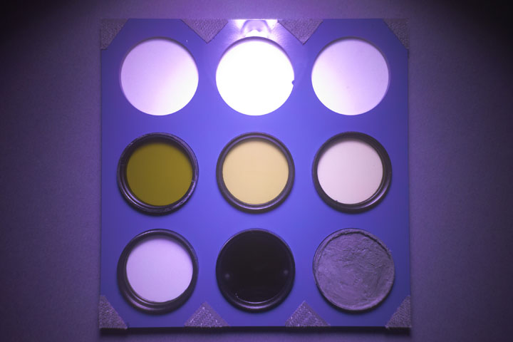 Ultraviolet photo of UV Colour Checker taken with Canon RF 16mm with TSN575 and ZWB2 filter combo