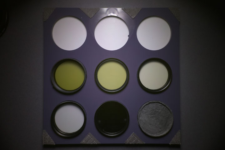 Ultraviolet photo of UV Colour Checker taken with Canon RF 16mm with ZWB1 and QB39 filter combo