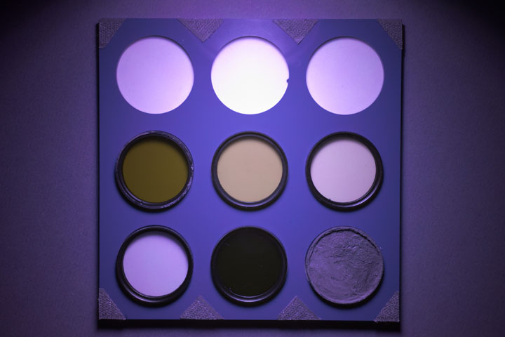 Ultraviolet photo of UV Colour Checker taken with Canon RF 35mm with Baader U filter