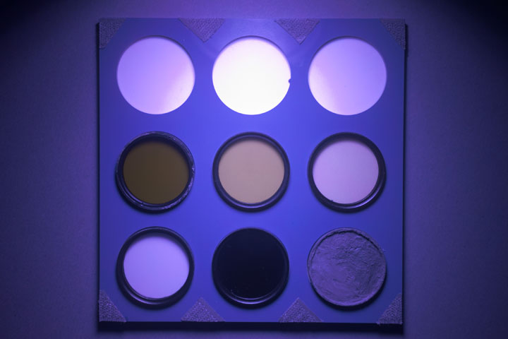 Ultraviolet photo of UV Colour Checker taken with Canon RF 35mm with TSN575 and ZWB2 filter combo