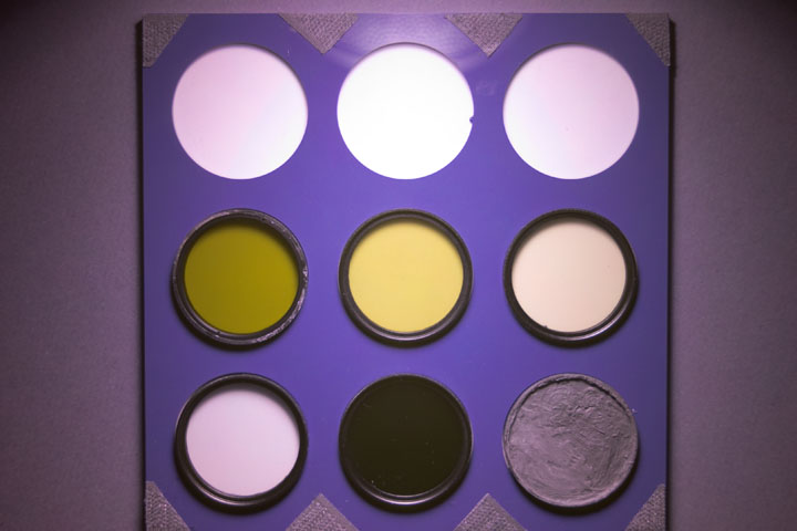 Ultraviolet photo of UV Colour Checker taken with Canon RF 50mm with Baader U filter