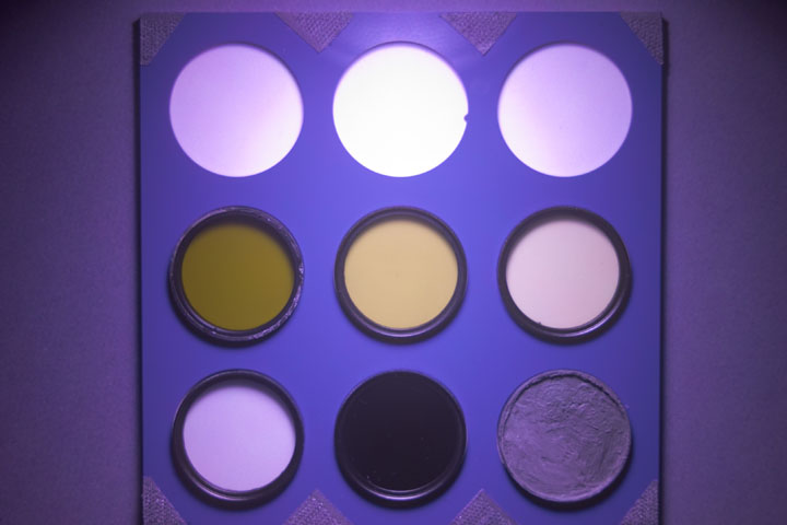 Ultraviolet photo of UV Colour Checker taken with Canon RF 50mm with TSN575 and ZWB2 filter combo
