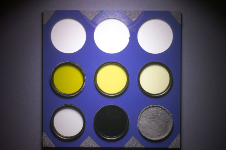 Ultraviolet photo of UV Colour Checker taken with Noflexar 35mm with rear-mounted Baader U filter