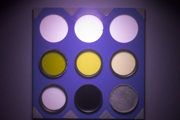 Ultraviolet photo of UV Colour Checker taken with Noflexar 35mm with TSN575 and ZWB2 filter combo