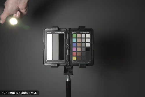 Flare from shining a flashlight into the lens on the EF-S 10-18mm on FF with Laowa MSC at 12mm