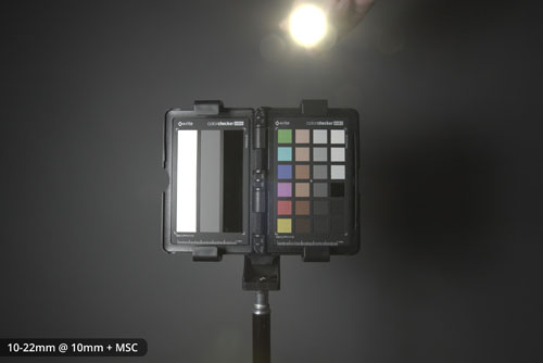 Flare from shining a flashlight into the lens on the EF-S 10-22mm on FF with Laowa MSC at 12mm