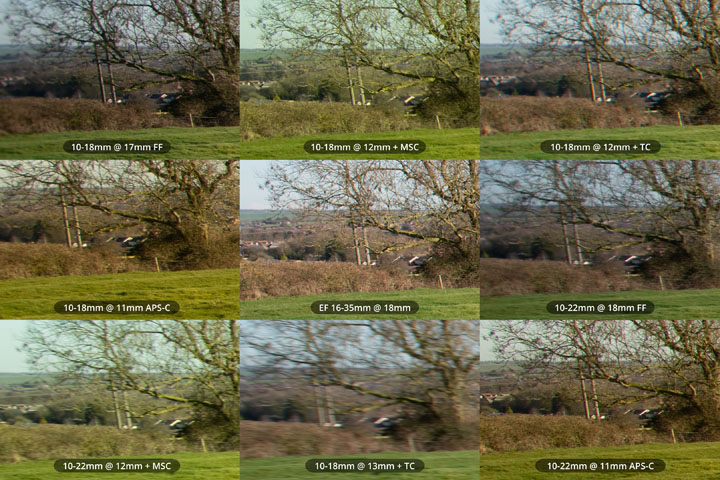 Crops from left edge of various lens, crop, and adapter combinations compared that all give a similar FoV