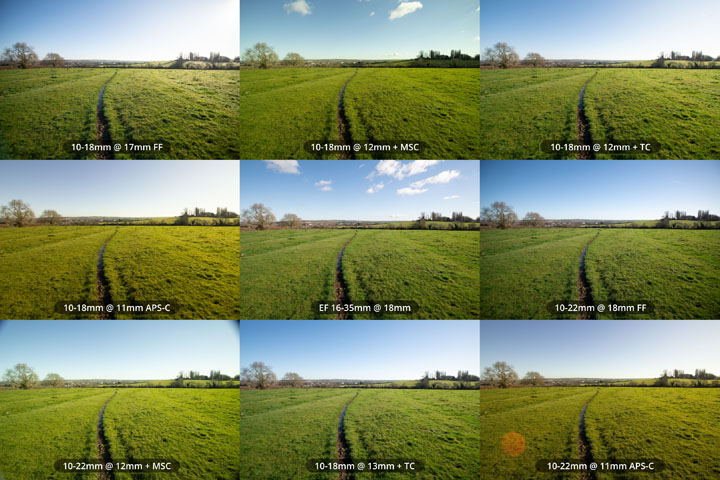 Various lens, crop, and adapter combinations compared that all give a similar FoV