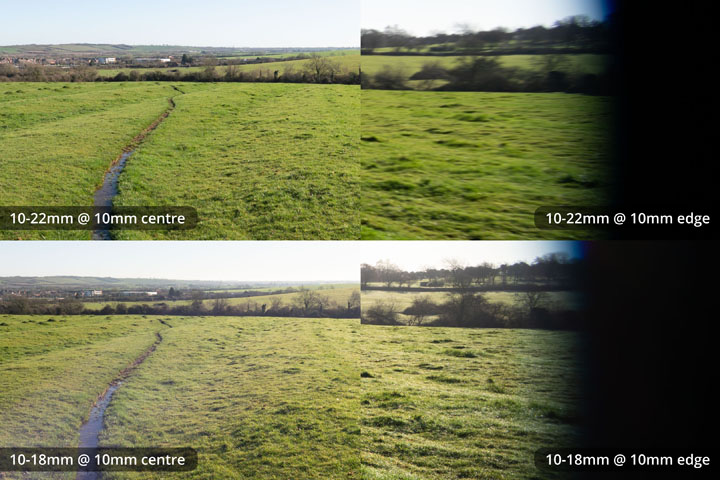 Centre and edge crops comparing EF-S 10-18mm and 10-22mm lenses, both converted to EF mount on full frame camera at 10mm