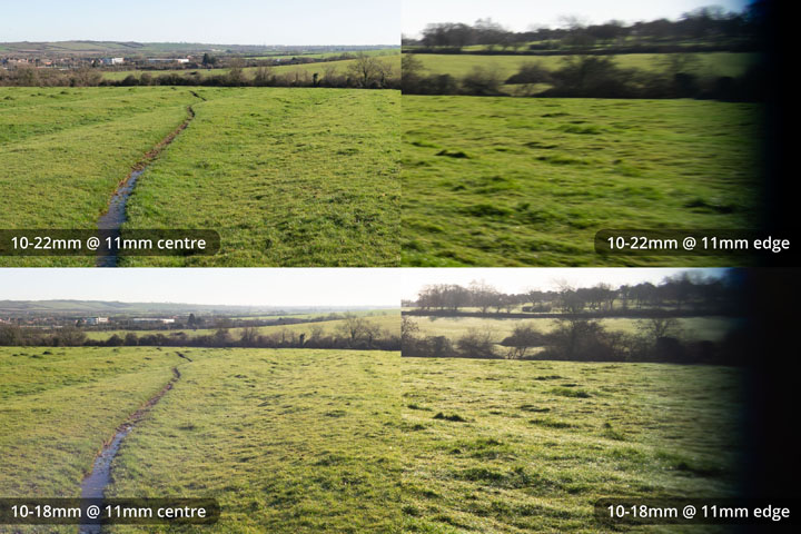 Centre and edge crops comparing EF-S 10-18mm and 10-22mm lenses, both converted to EF mount on full frame camera at 11mm