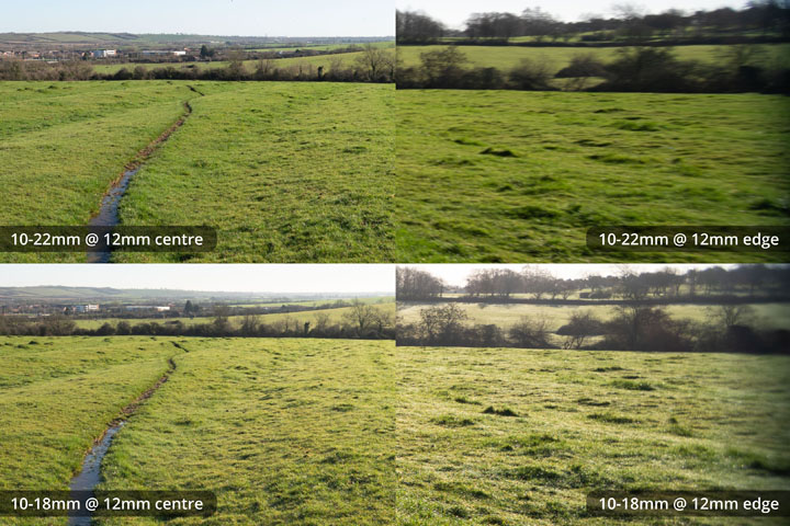 Centre and edge crops comparing EF-S 10-18mm and 10-22mm lenses, both converted to EF mount on full frame camera at 12mm