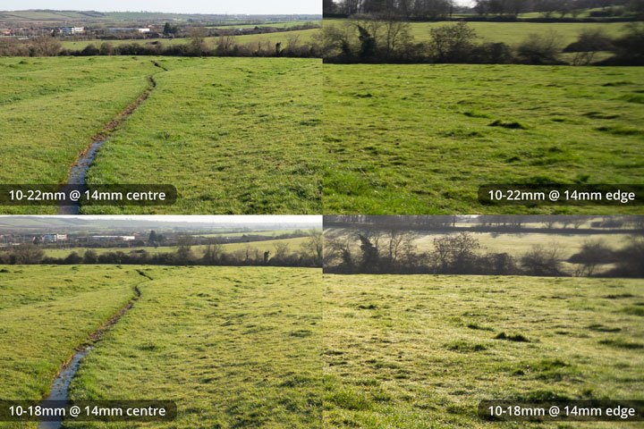 Centre and edge crops comparing EF-S 10-18mm and 10-22mm lenses, both converted to EF mount on full frame camera at 14mm