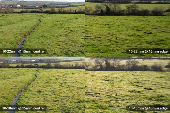 Centre and edge crops comparing EF-S 10-18mm and 10-22mm lenses, both converted to EF mount on full frame camera at 15mm