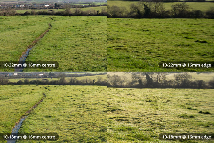 Centre and edge crops comparing EF-S 10-18mm and 10-22mm lenses, both converted to EF mount on full frame camera at 16mm