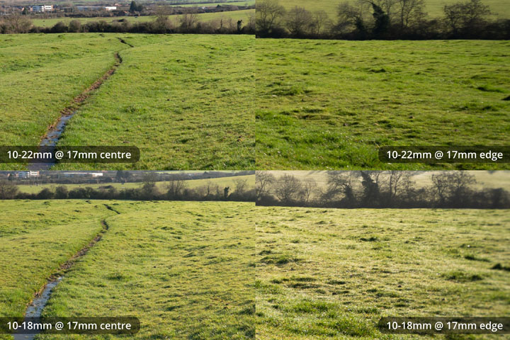 Centre and edge crops comparing EF-S 10-18mm and 10-22mm lenses, both converted to EF mount on full frame camera at 17mm
