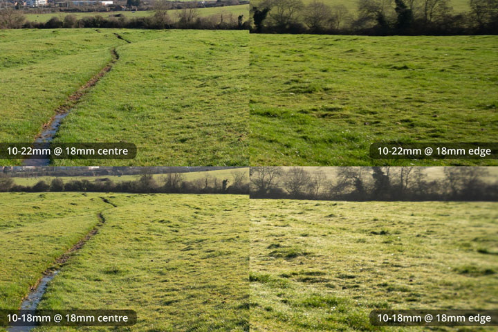 Centre and edge crops comparing EF-S 10-18mm and 10-22mm lenses, both converted to EF mount on full frame camera at 18mm