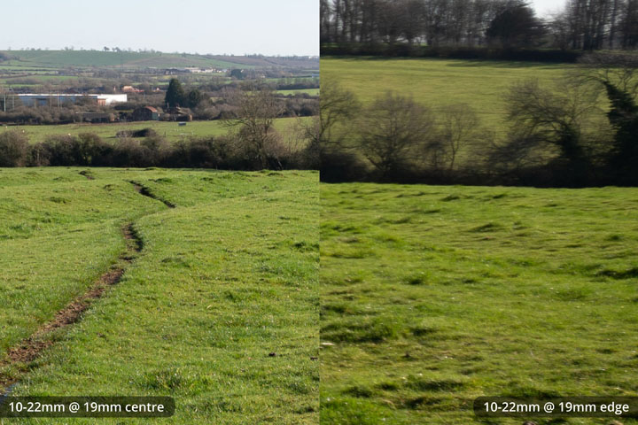 Centre and edge crops of EF-S 10-22mm lens, converted to EF mount on full frame camera at 19mm