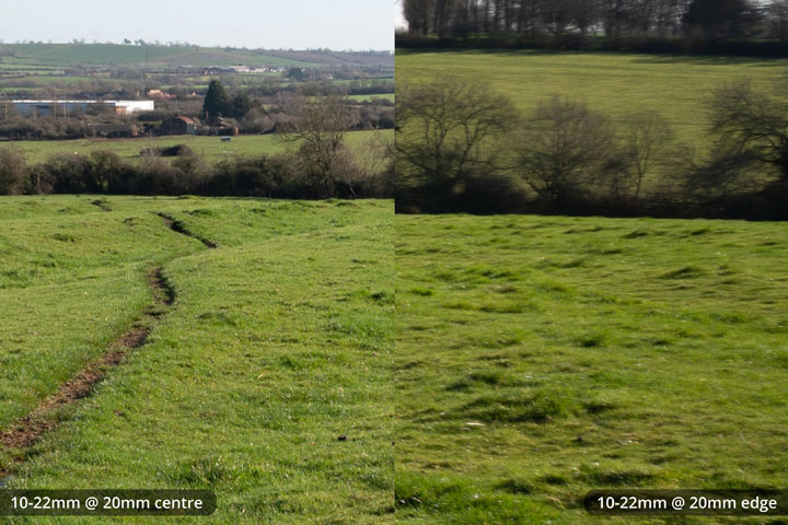 Centre and edge crops of EF-S 10-22mm lens, converted to EF mount on full frame camera at 20mm