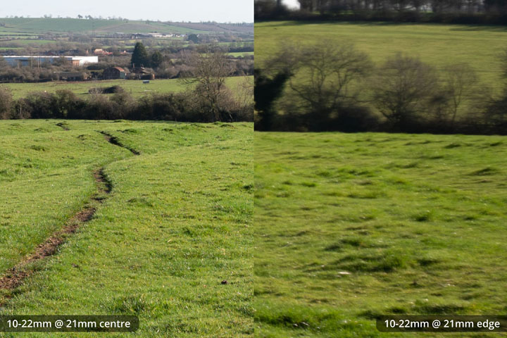 Centre and edge crops of EF-S 10-22mm lens, converted to EF mount on full frame camera at 21mm
