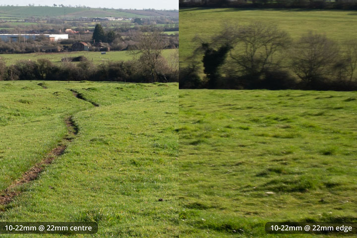 Centre and edge crops of EF-S 10-22mm lens, converted to EF mount on full frame camera at 22mm