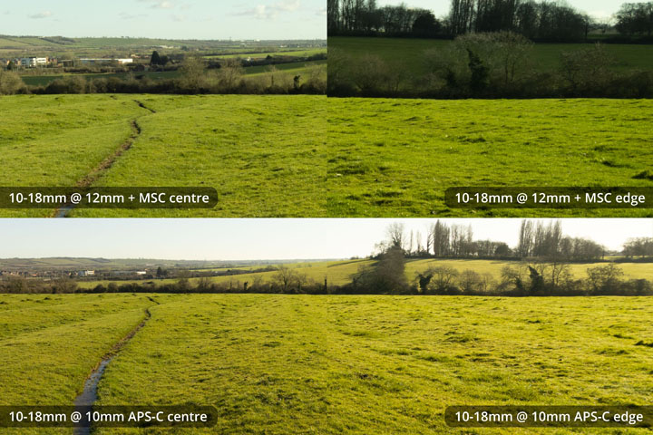 EF-S 10-18mm converted to EF mount on full frame camera with Laowa Magic Shift Converter at 12mm versus on APS-C at 10mm