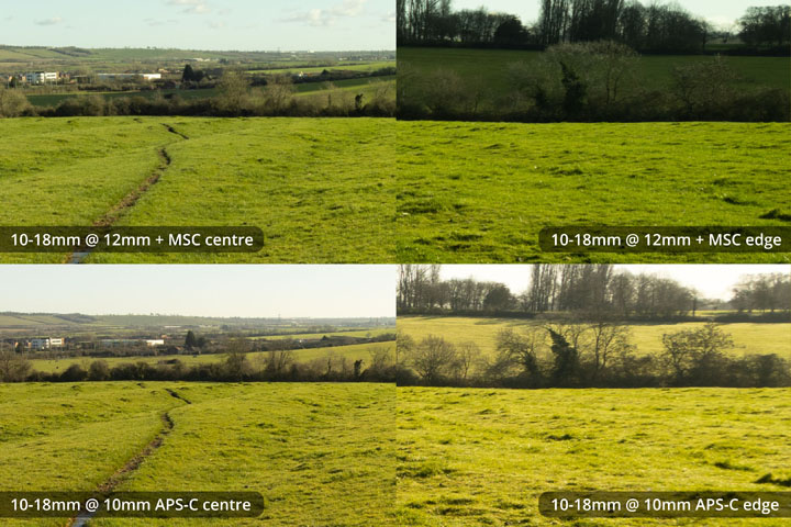EF-S 10-18mm converted to EF mount on full frame camera with Laowa Magic Shift Converter at 12mm versus on APS-C at 10mm