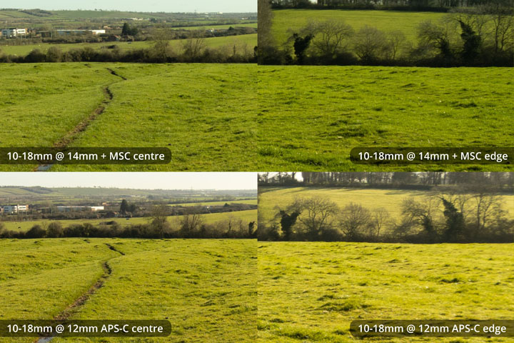 EF-S 10-18mm converted to EF mount on full frame camera with Laowa Magic Shift Converter at 14mm versus on APS-C at 12mm