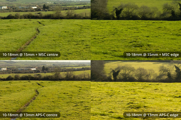 EF-S 10-18mm converted to EF mount on full frame camera with Laowa Magic Shift Converter at 15mm versus on APS-C at 13mm