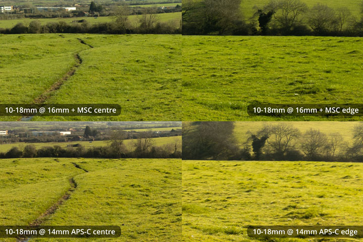 EF-S 10-18mm converted to EF mount on full frame camera with Laowa Magic Shift Converter at 16mm versus on APS-C at 14mm
